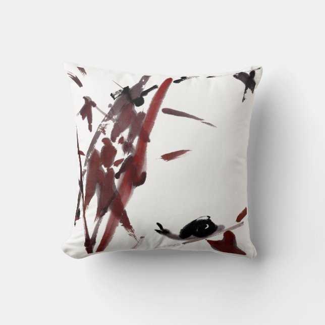 Tuschekunst mit Schnecke und Rotem Bambus Kissen (Vorderseite)