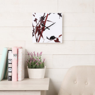 Tuschekunst mit Schnecke und Rotem Bambus Quadratische Wanduhr