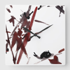 Tuschekunst mit Schnecke und Rotem Bambus Quadratische Wanduhr