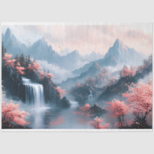 Tuschemalerei von blühenden Bäumen und Wasserfall Seidenpapier