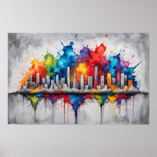 Tuschezeichnung mit Wolkenkratzer-Skyline Poster