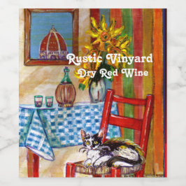 TUSKANIE KÜCHE KATZE, SONNENBLUMEN WEINGLASEN WEINETIKETT