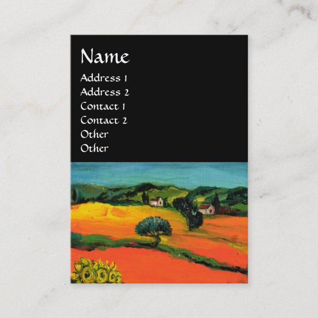 TUSKANISCHE LANDSCHAFT MIT SONNENBLUMEN, schwarz Visitenkarte (Vorderseite)