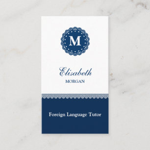 Tutor für Fremdsprachen Elegant Blue Lace Monogram Visitenkarte