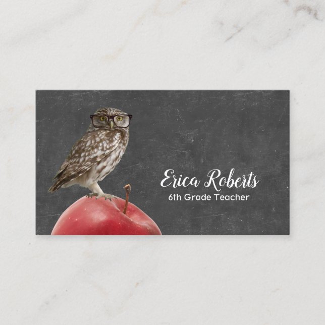 Tutor Nerdy Owl & Apple Chalkboard Visitenkarte (Vorderseite)