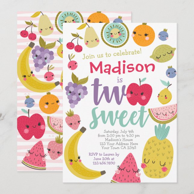 Tuttifrutti 2. Geburtstag Einladung (Vorne/Hinten)