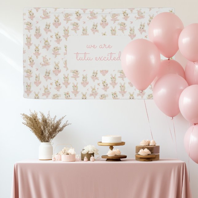 Tutu Ballerina Rabbit Bunny Baby Shower Banner (cute ballerina backdrop for girl baby shower celebrations. Pink decor. We are tutu excited party)