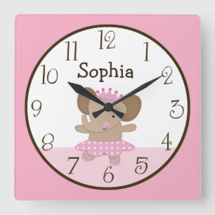 Tutu Niedlich/Elephant Ballerina Kid's Baby Clock Quadratische Wanduhr