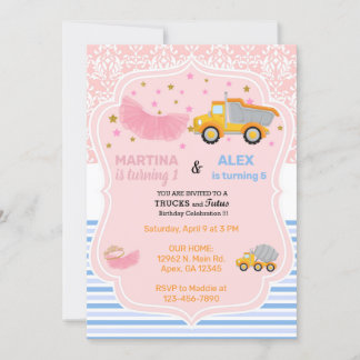 Tutus & Bauwagen Geschwister Geburtstag. Einladung