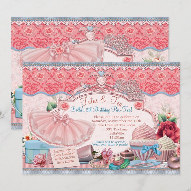 Tutus und Tee-Party Girls verkleiden Einladung (Vorne/Hinten)
