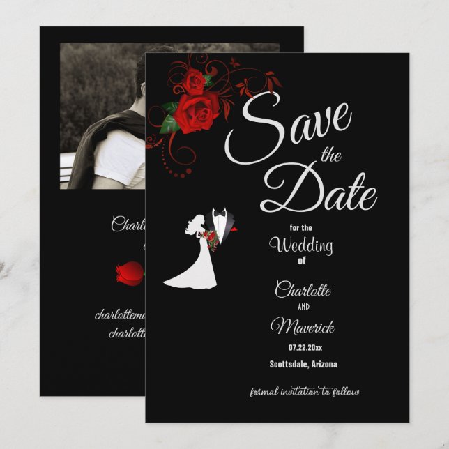 Tuxedo Anzug & Bride Silhouette Rote Rosen Hochzei Save The Date (Vorne/Hinten)