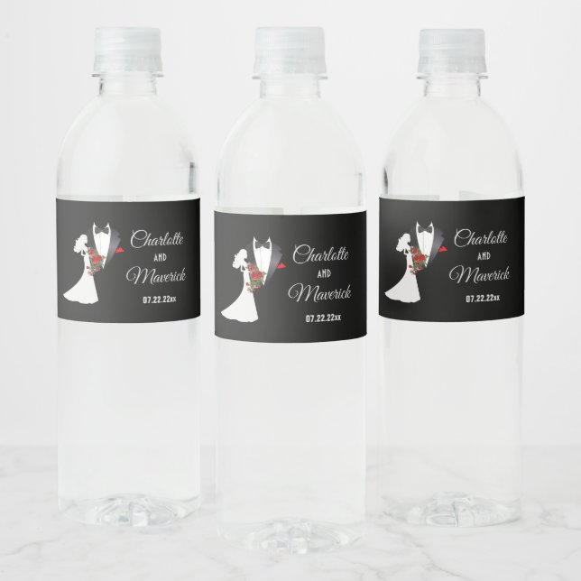 Tuxedo Anzug & Bride Silhouette Wedding Wasserflaschenetikett (Flaschen)