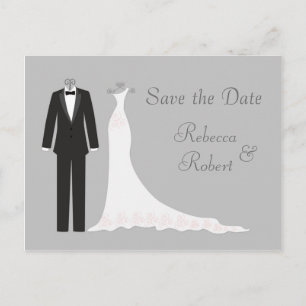 Tuxedo, auf silber Save the Date Postkarte gown