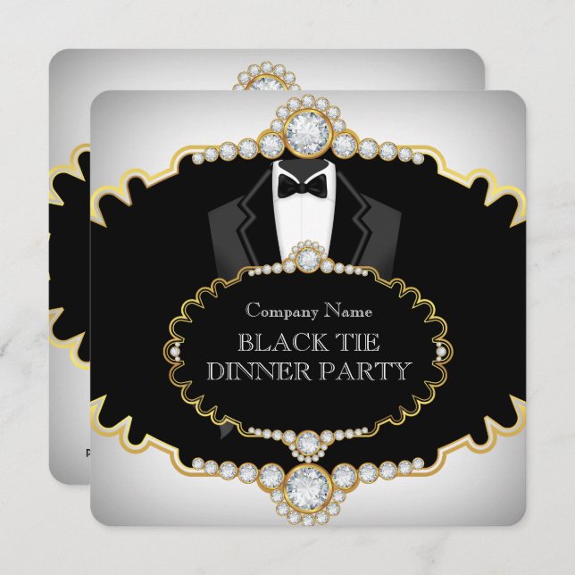 Tuxedo Black Krawatte Dinner Party Weißes Gold Einladung (Vorne/Hinten)
