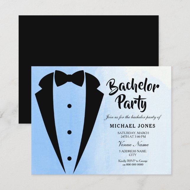 Tuxedo Blue Bow Krawatte Bachelor Party Einladung (Vorne/Hinten)