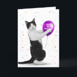 Tuxedo Cat 80th Birthday Balloon Card Karte<br><div class="desc">Schwarz-Weiß Katze mit lila Ballon und Konfetti auf weißem Hintergrund zum 80. Geburtstag. Die Farbe des weißen Hintergrunds kann geändert werden.</div>