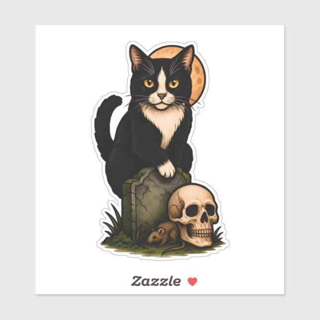 Tuxedo Cat and Skull – Cute Gothic Graveyard Desig Aufkleber (Blatt)
