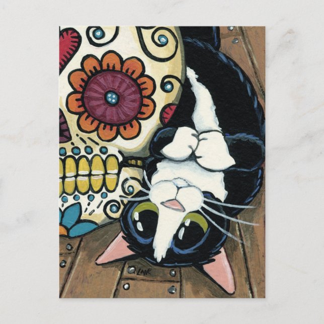 Tuxedo Cat and Sugar Skull Illustration Postkarte (Vorderseite)