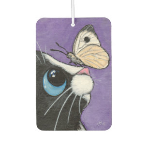 Tuxedo Cat and White Butterfly Illustration Autolufterfrischer