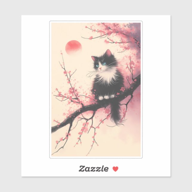 Tuxedo Cat auf Cherry Blossom Japanisch Ästhetik Aufkleber (Blatt)