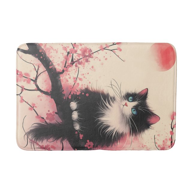 Tuxedo Cat auf Cherry Blossom Japanisch Ästhetik Badematte (Vorderseite)