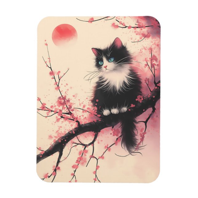 Tuxedo Cat auf Cherry Blossom Japanisch Ästhetik Magnet (Vertikal)