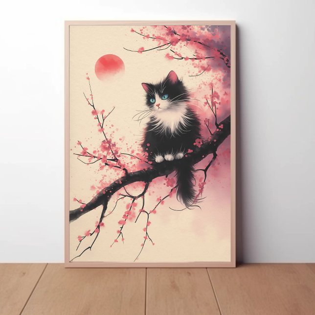 Tuxedo Cat auf Cherry Blossom Japanisch Ästhetik Poster (Von Creator hochgeladen)