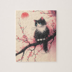 Tuxedo Cat auf Cherry Blossom Japanisch Ästhetik Puzzle