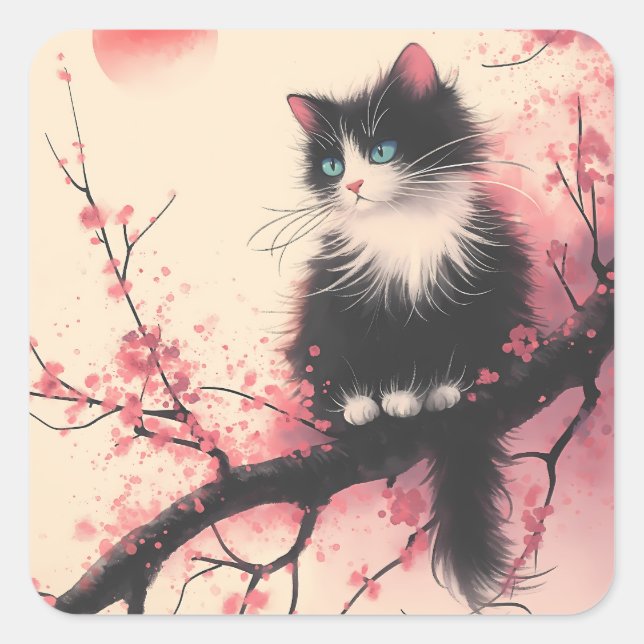 Tuxedo Cat auf Cherry Blossom Japanisch Ästhetik Quadratischer Aufkleber (Vorderseite)
