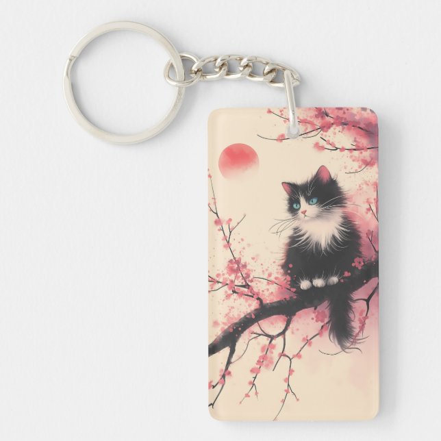 Tuxedo Cat auf Cherry Blossom Japanisch Ästhetik Schlüsselanhänger (Vorderseite)