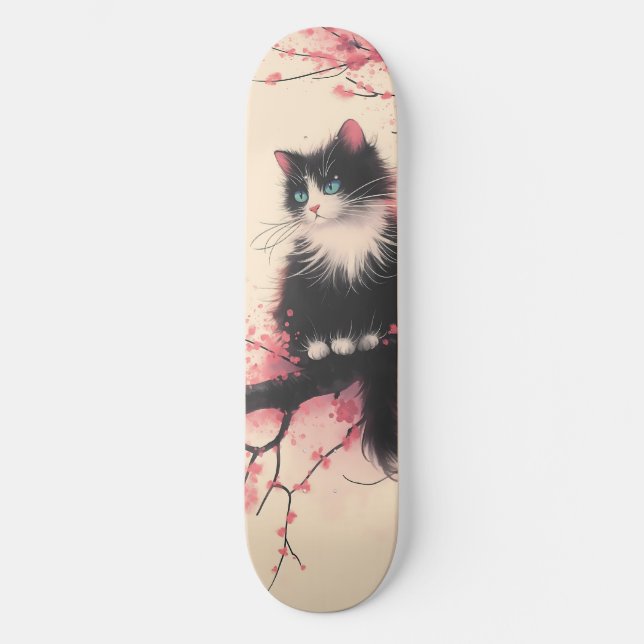 Tuxedo Cat auf Cherry Blossom Japanisch Ästhetik Skateboard (Vorderseite)