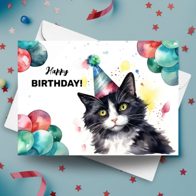 Tuxedo Cat Balloons und Party Hat Happy Birthday Karte (Von Creator hochgeladen)