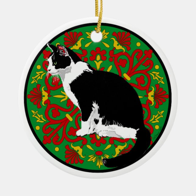 Tuxedo Cat Baroque Keramik Ornament (Vorne)