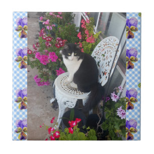 Tuxedo Cat Blume Funny Cats violette Keramik Tile Fliese