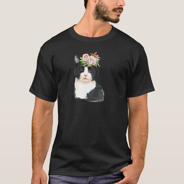 Tuxedo Cat Blume Kitty Meow Funny Cats Floral T-Shirt (Vorderseite)