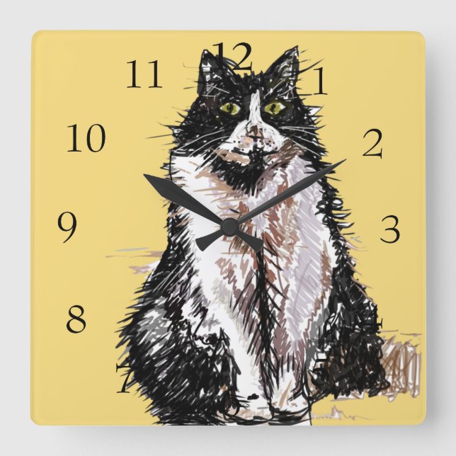 Tuxedo Cat Cats Art Animal Kinder Kinderzimmer Roo Quadratische Wanduhr (Vorderseite)