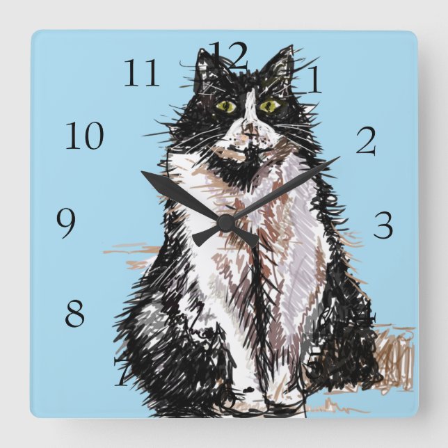 Tuxedo Cat Cats Art Animal Kinder Kinderzimmer Saa Quadratische Wanduhr (Vorderseite)