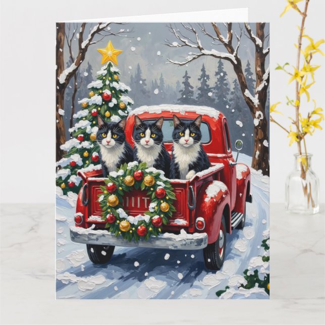 Tuxedo Cat Christmas Red Truck Holiday Karte (Gelbe Blume)