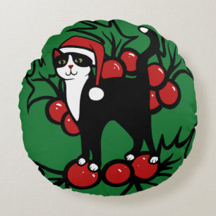 Tuxedo Cat Christmas Rundes Kissen