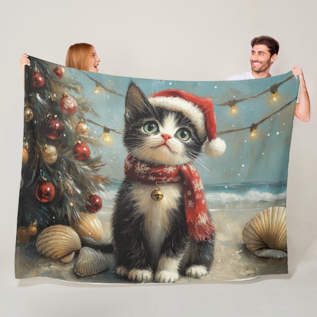 Tuxedo Cat Christmas Vintag Beach Fleecedecke (Beispiel)