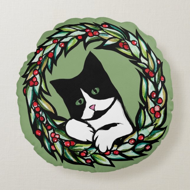 Tuxedo Cat Christmas Yule Holiday Cats Catmas Art  Rundes Kissen (Vorderseite)