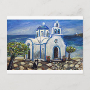Tuxedo Cat Church auf der griechischen Insel Maler Postkarte