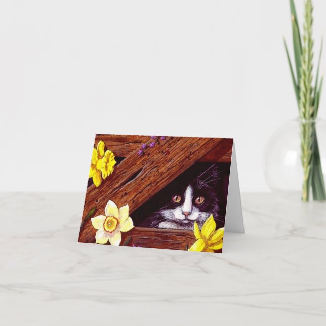 Tuxedo Cat Daffodils Kunst, Dichtung und Musik Karte (Vorderseite)