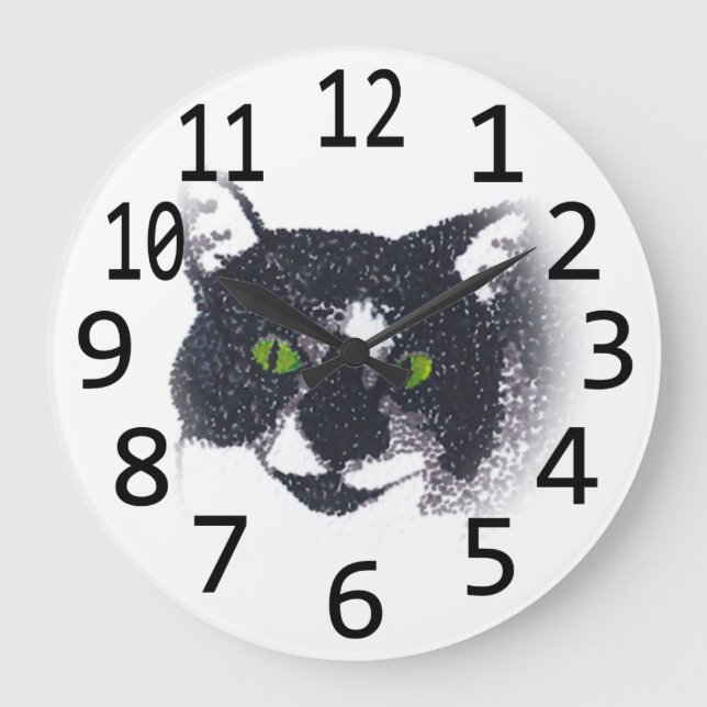 Tuxedo Cat Face Head Pointillism Wall Uhren (Vorderseite)