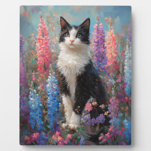 Tuxedo Cat Farbige Lupine Blume Malerei Fotoplatte