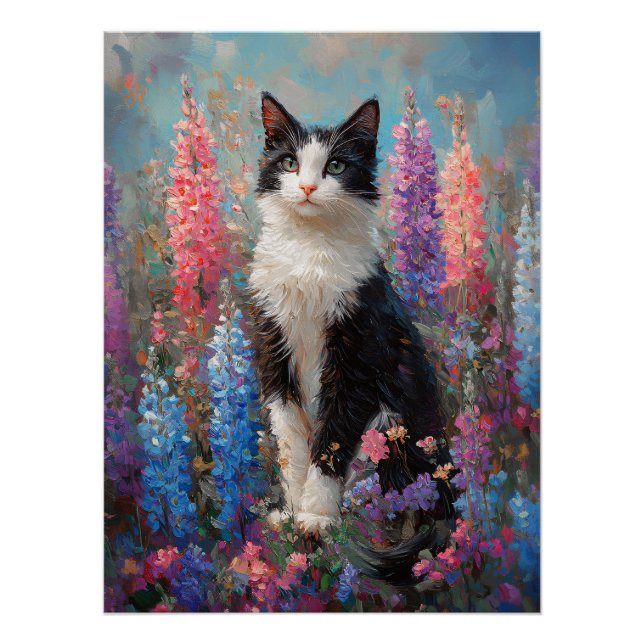 Tuxedo Cat Farbige Lupine Blume Malerei Poster (Vorderseite)