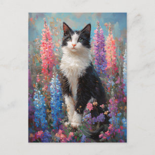 Tuxedo Cat Farbige Lupine Blume Malerei Postkarte