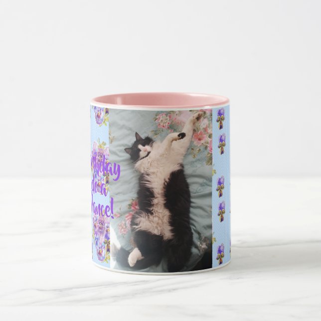 Tuxedo Cat Funny Happy Tanz Geburtstag Tasse Blaue (Zentrum)