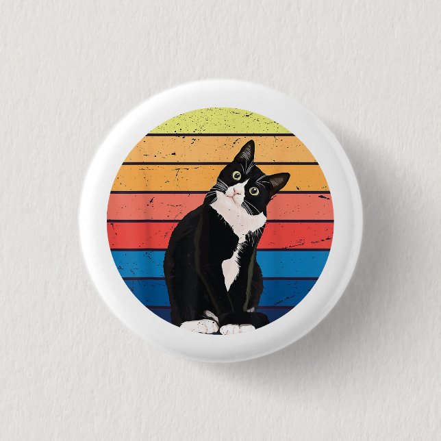 Tuxedo Cat Geschenk Retro Farben für Tierfreunde Button (Vorderseite)
