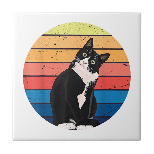 Tuxedo Cat Geschenk Retro Farben für Tierfreunde Fliese (Vorderseite)